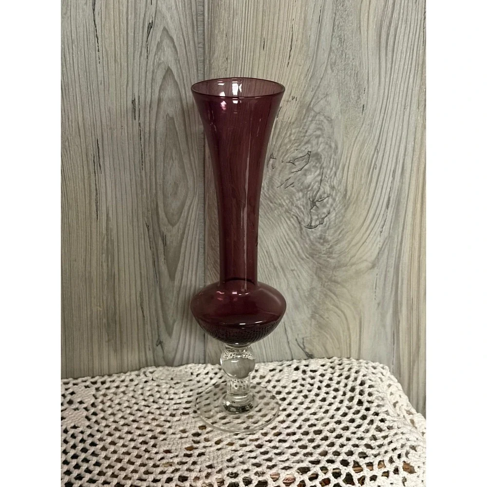 Vintage Amethyst Purple Hand Blown Glass Bud Vase Etched Floral Clear Stem 8